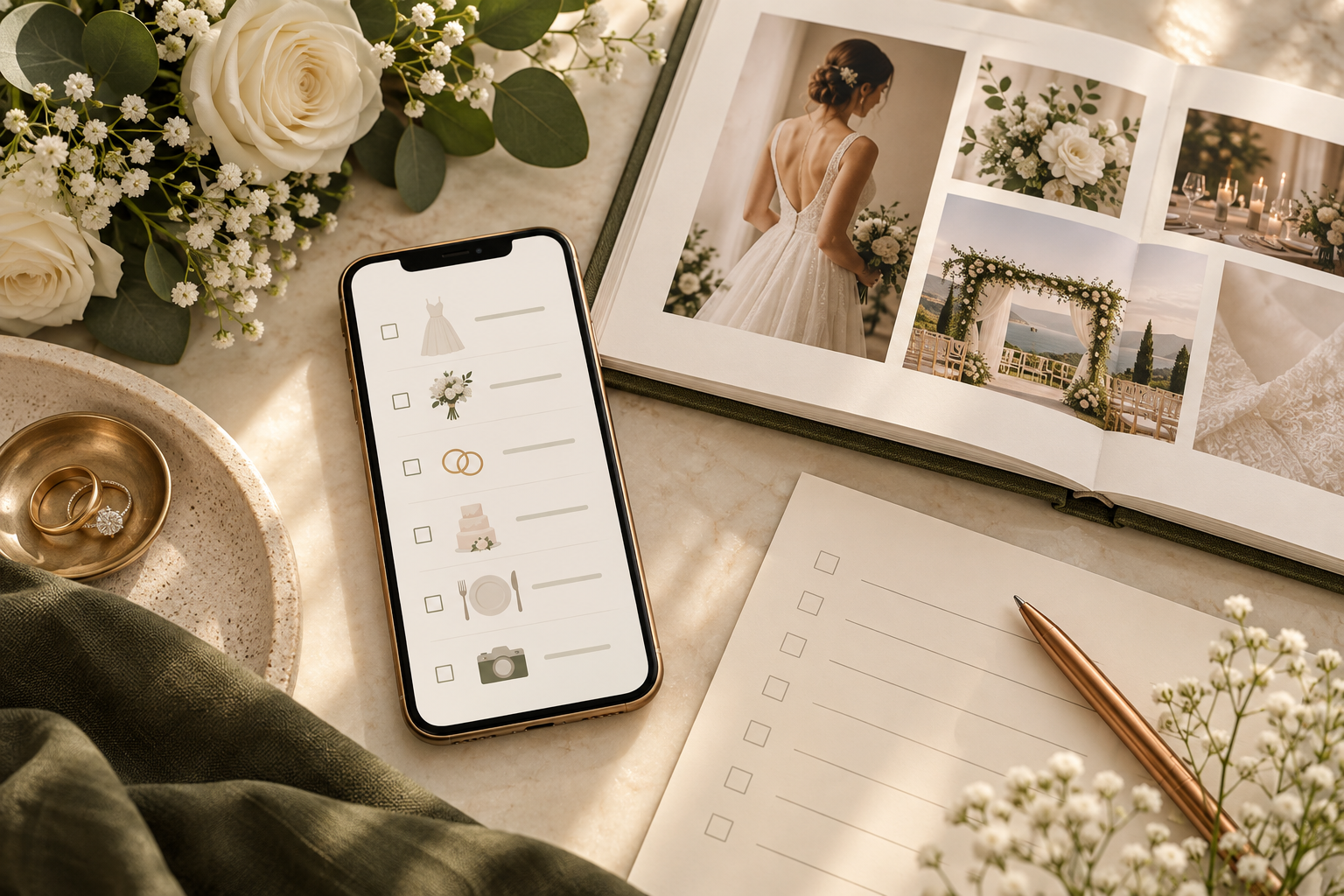 Celular e materiais de consulta para organizar a escolha do fotógrafo