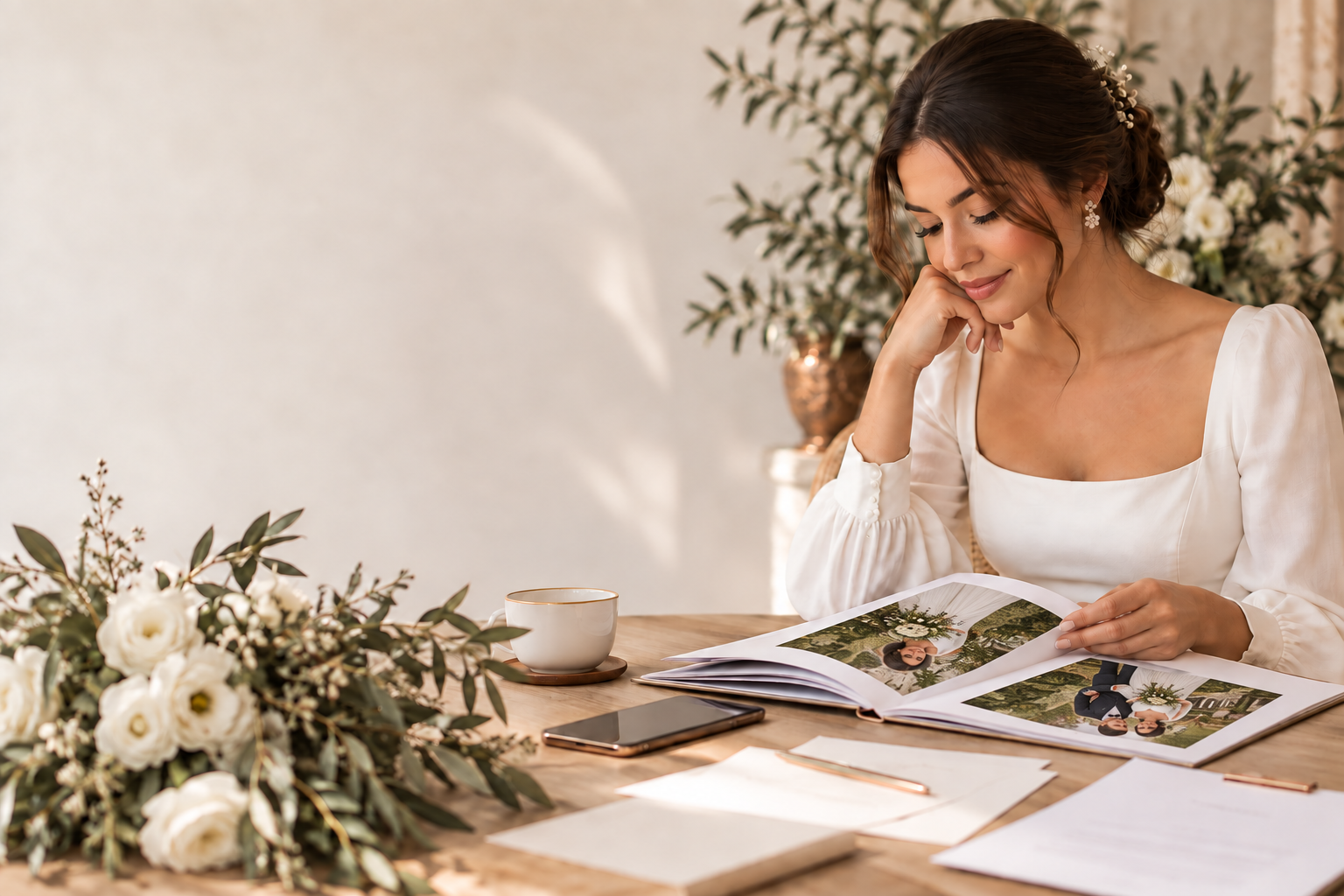 Noiva examinando um álbum de casamento e documentos em uma mesa